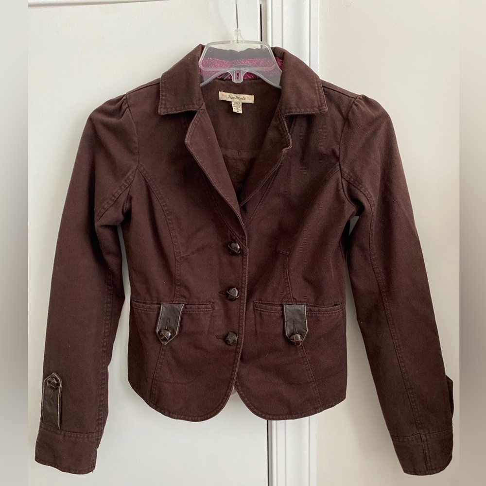 Sold! FREE PEOPLE Moto Jacket Burgundy Military Coat Leather Trim Buttons Size 8